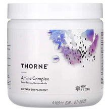 THORNE Amino Complex berry flavored dietary supplement jar, front label and lid