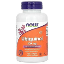 Ubiquinol dietary supplement bottle with purple cap and front label, 120 softgels