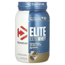 Whey protein powder tub bottle, blue and white label, Cookies & Cream flavor