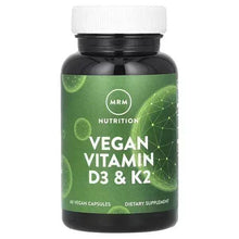Vegan vitamin D3 & K2 supplement bottle with green label, MRM Nutrition branding