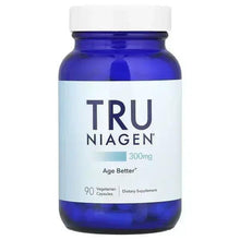 Nicotinamide riboside chloride dietary supplement bottle with Tru Niagen label, 90 capsules