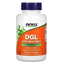 NOW DGL with Aloe Vera supplement bottle with purple cap and orange front label