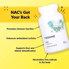 Dietary supplement bottle with white cap; THORNE NAC label on front