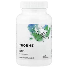Dietary supplement bottle with white cap; THORNE NAC label and 90 capsules