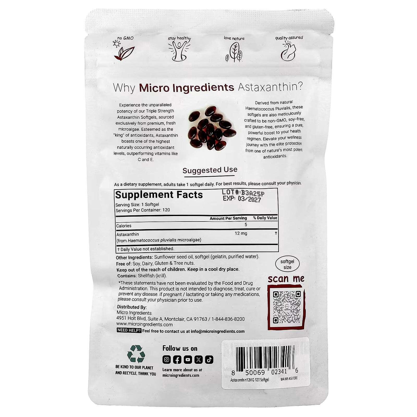 Micro Ingredients Astaxanthin – 12 mg, 120 Softgels - Mumzar