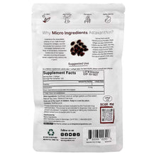 Astaxanthin supplement facts label on pouch back, GMO-free, gluten free, 12 mg