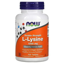 L-Lysine supplement bottle with blue cap, orange label, 1000 mg, 100 tablets