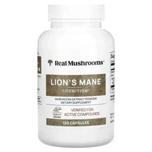 Real Mushrooms Lion’s Mane mushroom extract powder capsules, front label on bottle