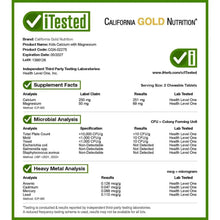 Supplement label panel with California Gold Nutrition Kids and testing information