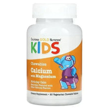 Kids chewable calcium with magnesium bottle, white label with orange graphic
