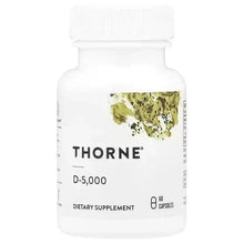 Thorne D-5,000 vitamin D3 supplement bottle, white with green label, 60 capsules