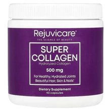 Purple collagen dietary supplement bottle with Rejuvicare Super Collagen label, 90 capsules