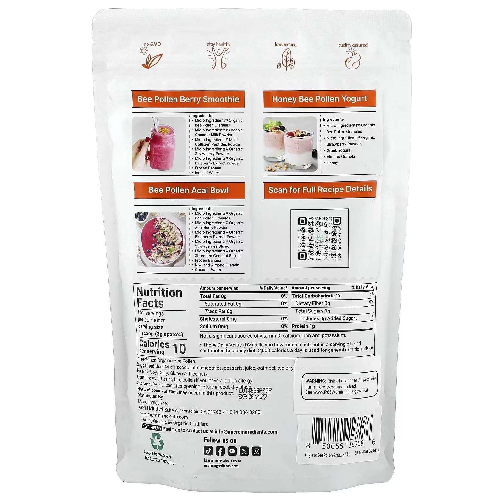 Micro Ingredients Organic Bee Pollen – 1 lb (454 g) - Mumzar
