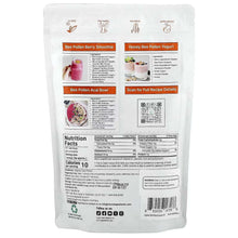 Organic bee pollen pouch back label with nutrition facts and QR code
