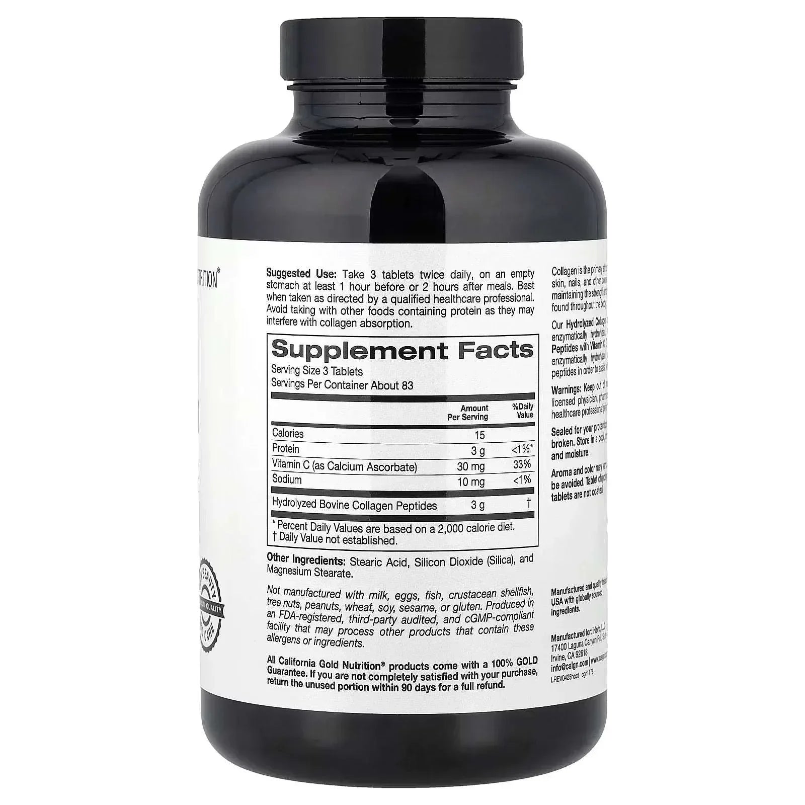 California Gold Nutrition Hydrolysed Collagen Peptides (Type I & III) with Vitamin C – 250 Tablets - Mumzar
