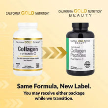 Collagen peptides supplement bottles, one with white label and one with black label
