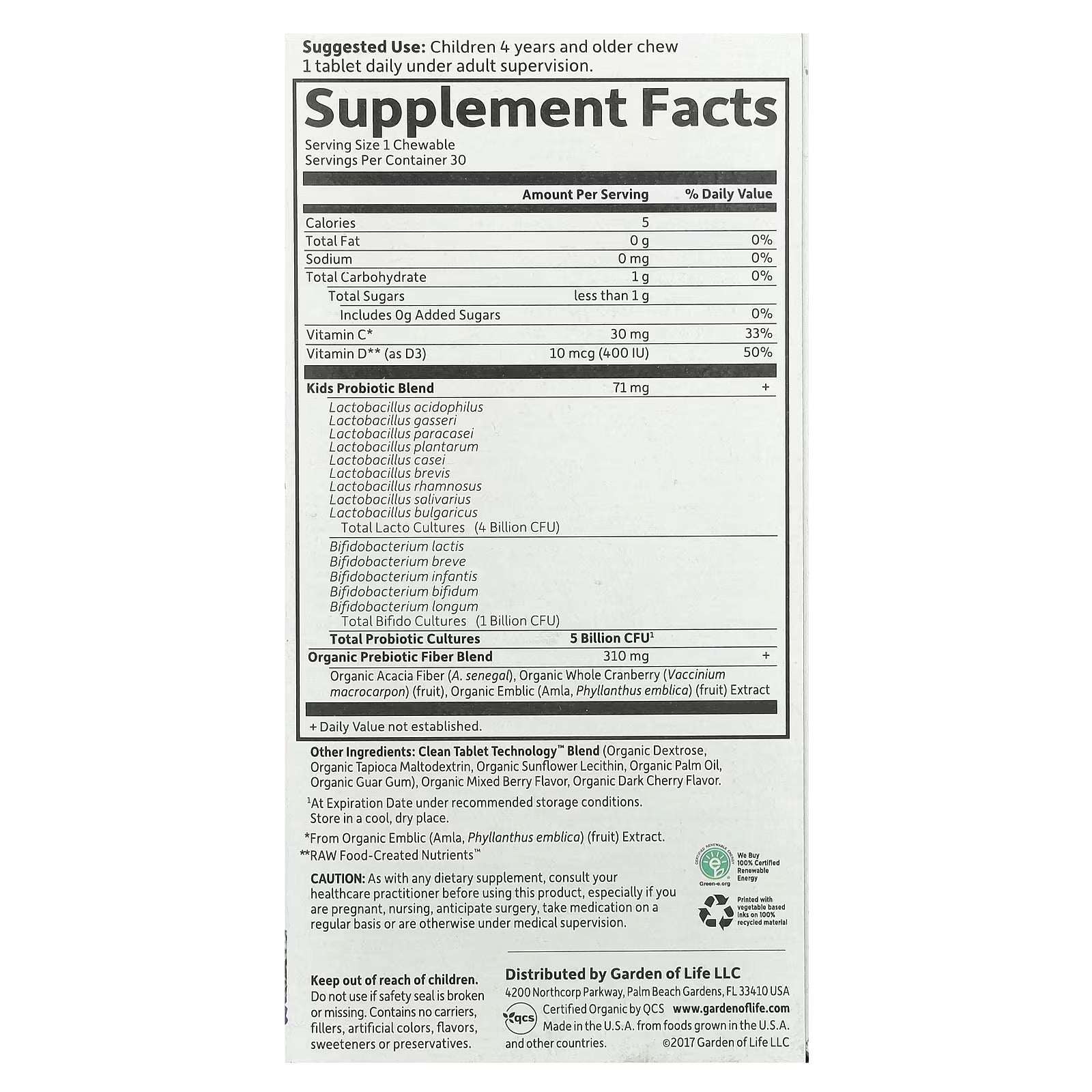 Garden of Life Dr. Formulated Organic Kids+ Probiotics with Vitamins C & D – Berry Cherry, 30 Chewables