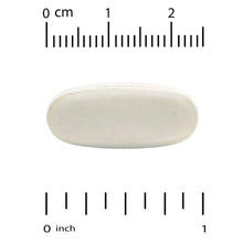 Collagen peptide tablet shown with size scale, oval pale tablet