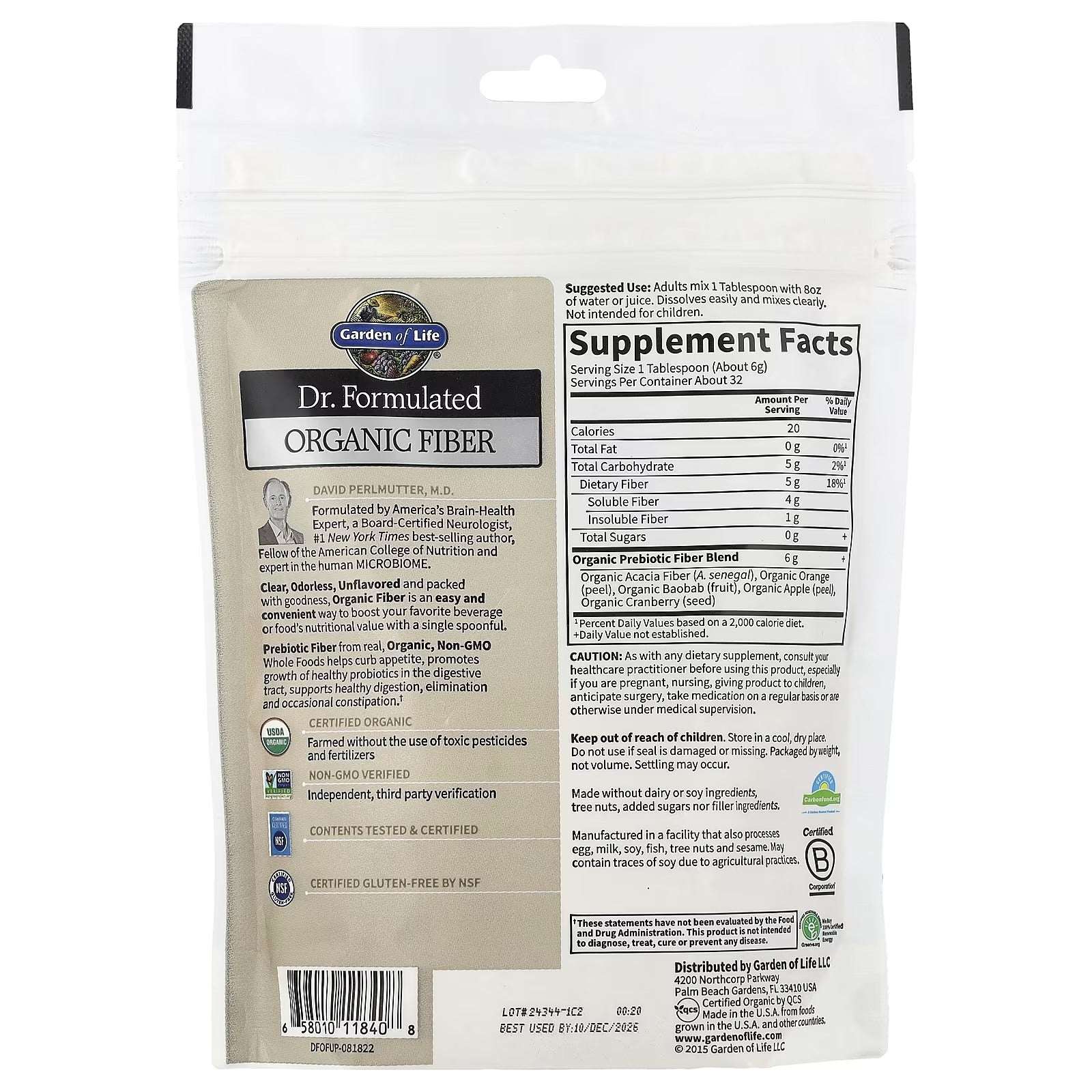 Garden of Life Dr. Formulated Organic Fibre – Unflavoured, 6.8 oz (192 g)