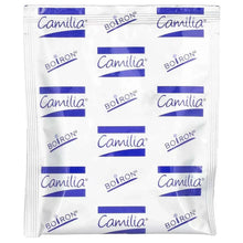 Camillia teething relief foil pouch with repeated branding pattern