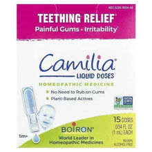 Teething relief liquid doses carton, Camillia branding, 15 dose box
