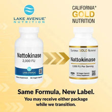 Nattokinase supplement bottles on side-by-side label transition graphic