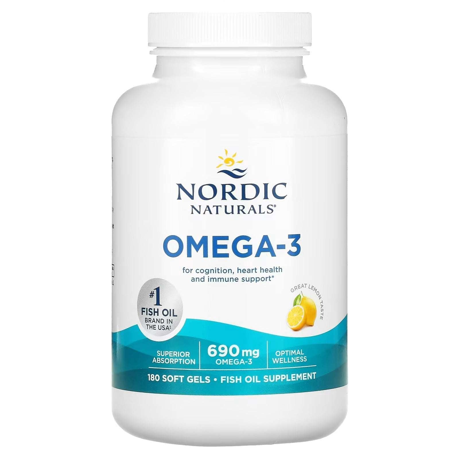 Nordic Naturals Omega-3 – Lemon Flavor, 180 Softgels (345 mg per Softgel)