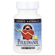 Source Naturals Policosanol dietary supplement bottle, front label with 20 mg 60 tablets