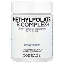 Vitamin B complex supplement bottle with label 'Methylfolate B Complex+'
