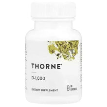 Thorne D-1,000 Vitamin D3 supplement bottle with 90 capsules label
