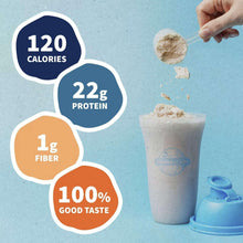 Protein powder serving cup with scoop, 120 calories and 22g protein callouts