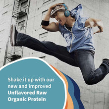 Unflavored raw organic protein ad with runner wearing headphones and text bubble