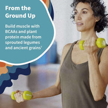 Unflavored protein ad with woman holding green dumbbells and 'From the Ground Up' text