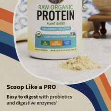 Protein powder scoop next to RAW Organic Protein tub, plant-based unflavored label