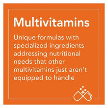 Multivitamins orange product card with headline text and supplement icon