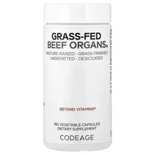 Vegetable capsule supplement bottle, front label: grass-fed beef organs