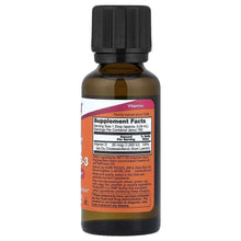 Liquid vitamin D-3 supplement bottle with black cap, back label and Supplement Facts panel