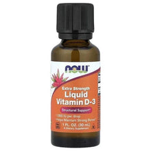 Liquid vitamin D-3 supplement bottle with black cap and amber liquid, front label