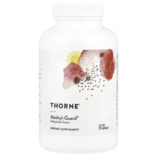 White supplement bottle with Thorne logo, Methyl-Guard label, and 180 capsules mark.