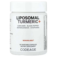 Codeage liposomal turmeric+ supplement bottle with black label text and Bioavailable seal