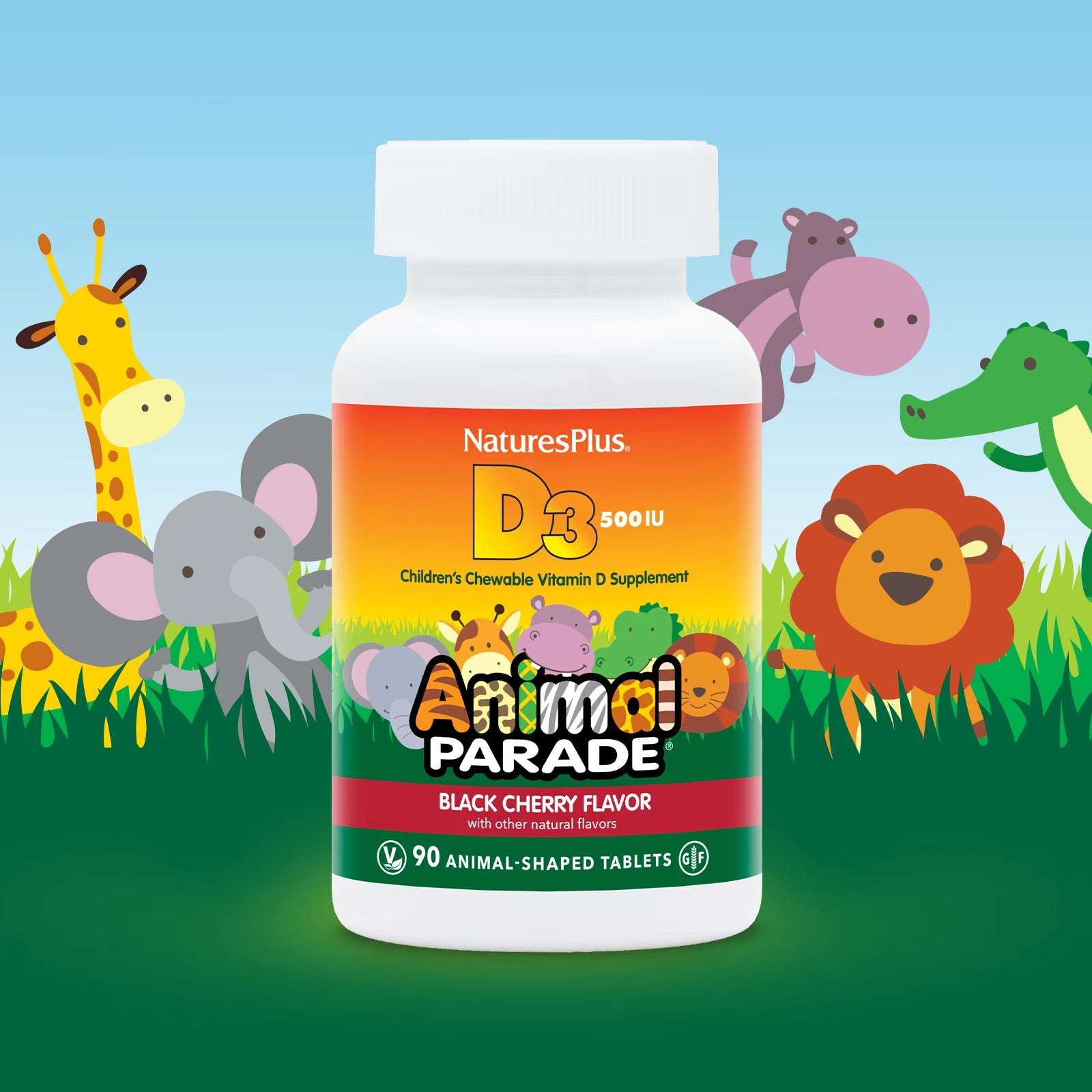 NaturesPlus Animal Parade® Vitamin D3 – Black Cherry, 500 IU, 90 Animal-Shaped Tablets