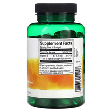 Vitamin E softgel supplement bottle, back label with Supplement Facts and bar code