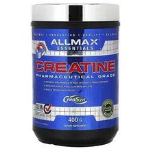 ALLMAX creatine supplement tub, blue label with black lid and 400 g panel