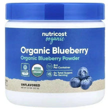 Nutricost organic blueberry powder container, unflavoured, front label and berries