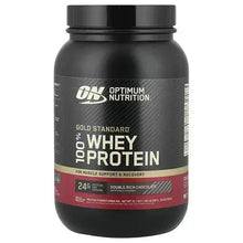 100% whey protein tub, black with red band; Double Rich Chocolate label