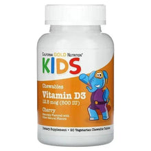 Children’s chewable Vitamin D3 supplement bottle, white with kids cherry label
