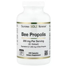Bee propolis dietary supplement bottle, front label with 240 capsules