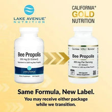 Bee propolis supplement bottles side by side, “Same Formula, New Label” message