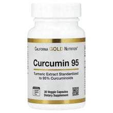 Curcumin 95 supplement bottle with gold label band and white cap.