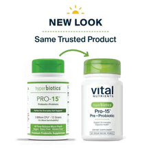 Probiotic supplement bottles, green caps, Pro-15 and Hyperbiotics labels